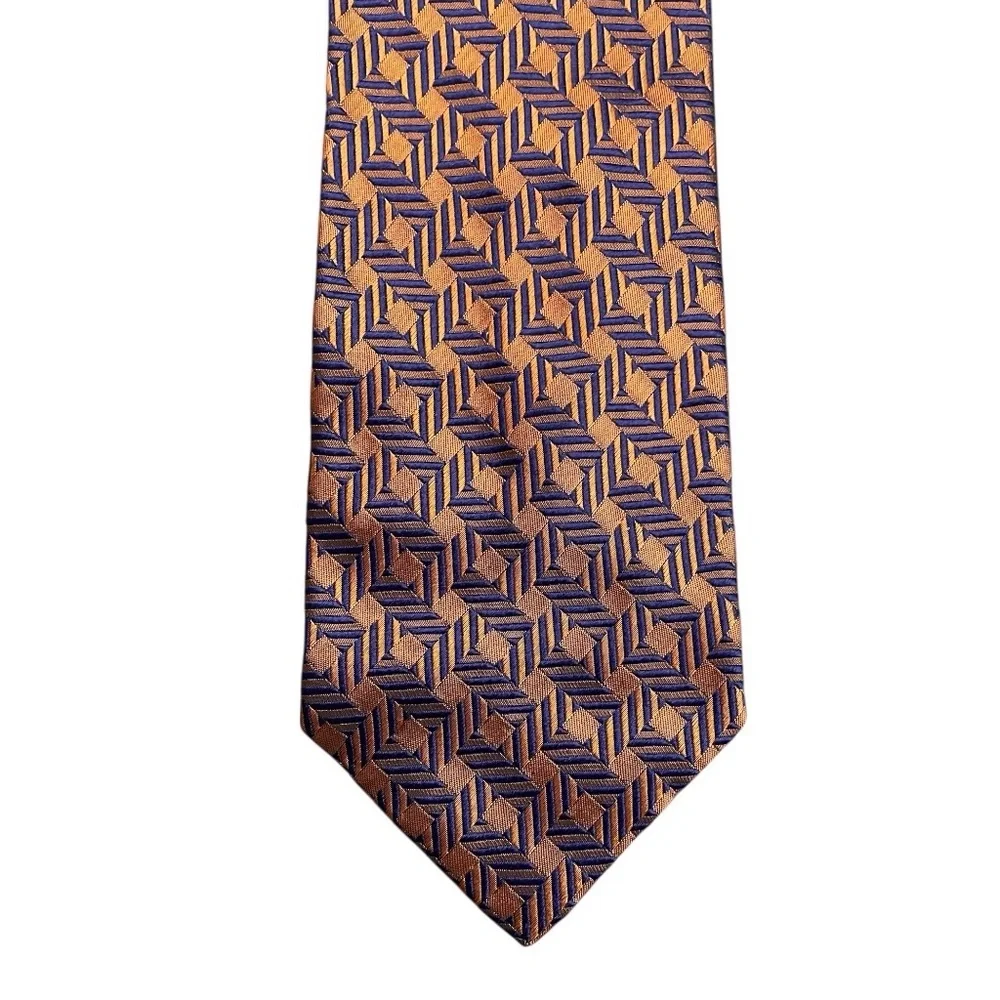 Bachrach Jaquard Orange Blue Geometric Neck Tie 100% Silk Made in Italy designer